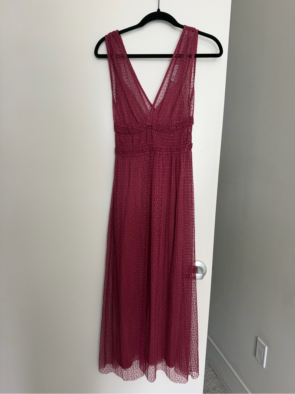 Zara Wine Mesh Midi Dress with V-Neck